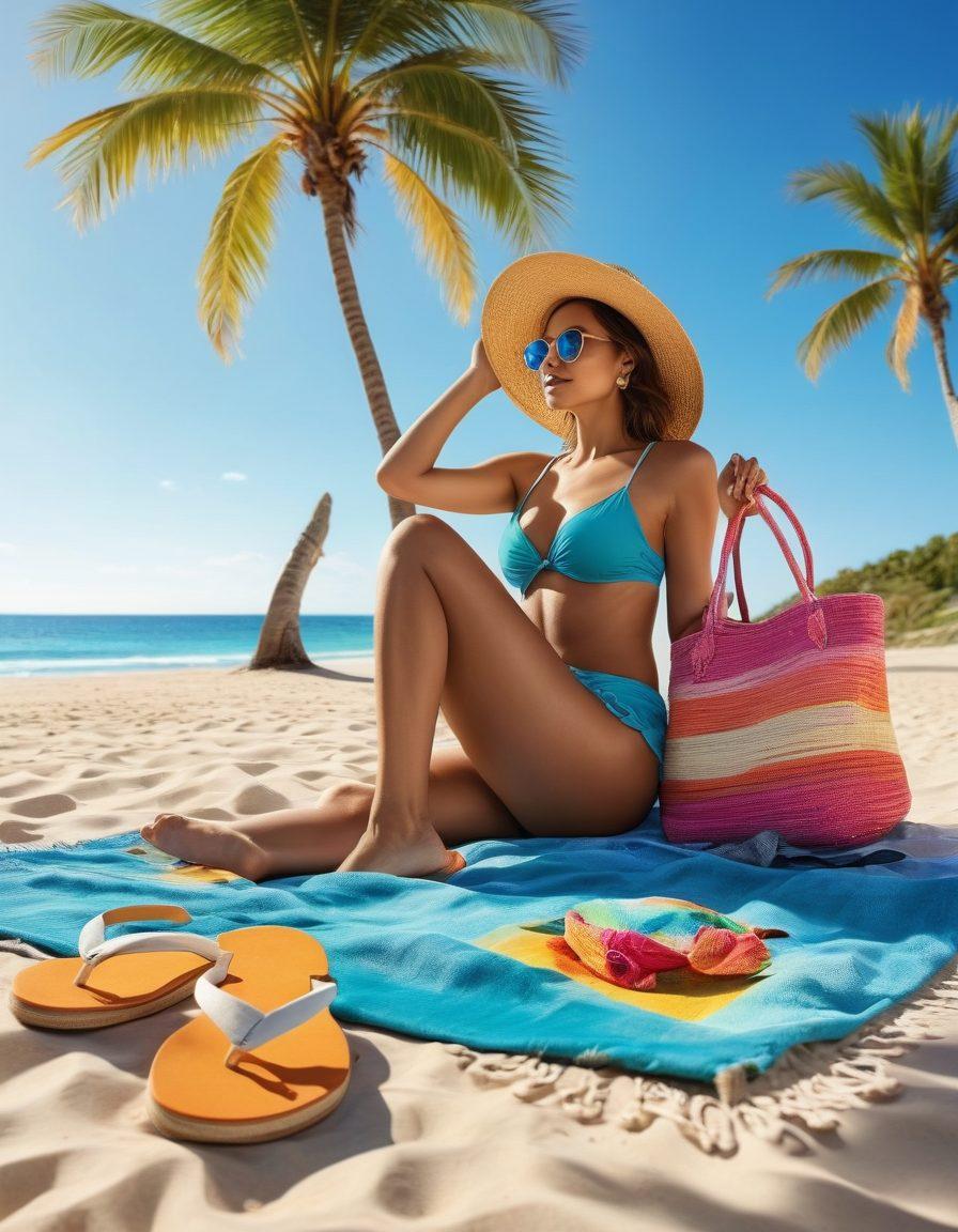 A vibrant beach scene featuring a stylish sunbather reclining on a colorful towel with various trendy beach accessories scattered around, including a chic straw hat, oversized sunglasses, bright flip-flops, and a stylish beach bag. In the background, there's a clear blue sky, gentle waves, and a hint of palm trees swaying in the breeze. Capture the essence of summer joy and relaxation. super-realistic. vibrant colors. sunny atmosphere.