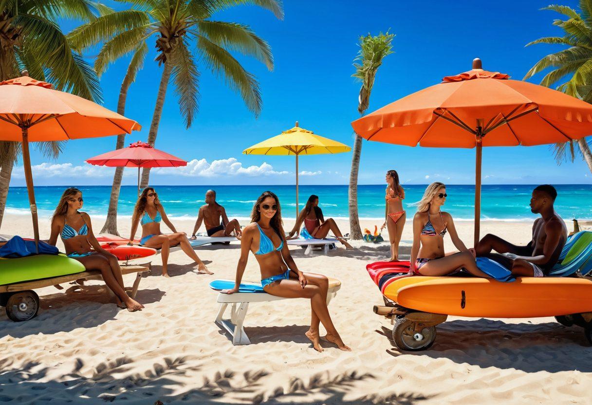 A sunny beach scene featuring diverse models wearing trendy bikinis and stylish beachwear, surrounded by vibrant beach umbrellas, towels, and playful surfboards. The background showcases a clear blue sky and gentle waves, while tropical plants add a touch of paradise. Include a colorful beach bar in the distance with refreshing drinks. vibrant colors. super-realistic.